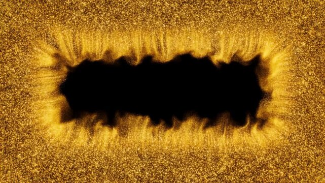 Slow motion macro shot of gold particles swirling and forming rectangular void revealing black center on textured surface
