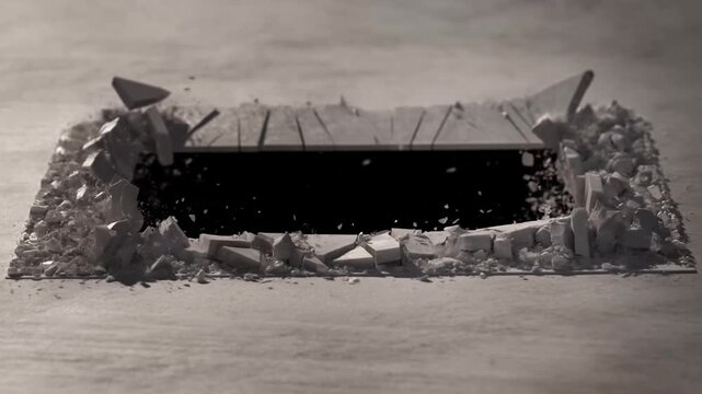 Slow motion close up of metal rectangular frame crumbling and collapsing into concrete hole on tabletop in studio interior