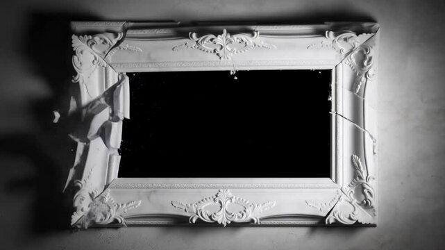 Slow motion static shot of ornate picture frame cracking and breaking off wall in interior studio setting