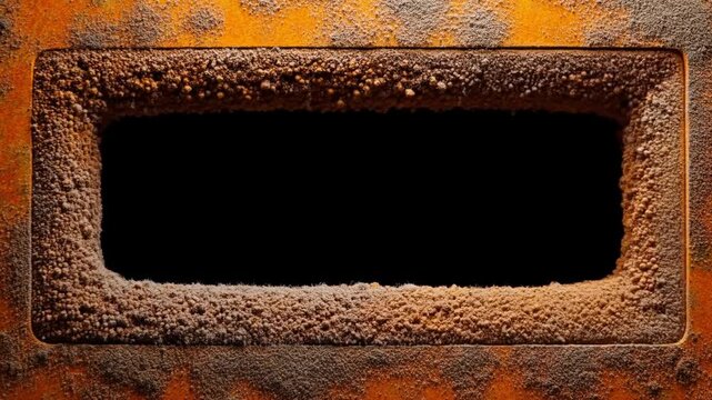 Tracking shot of rusted metal vent opening revealing corroded interior cavity on industrial wall in abandoned factory setting