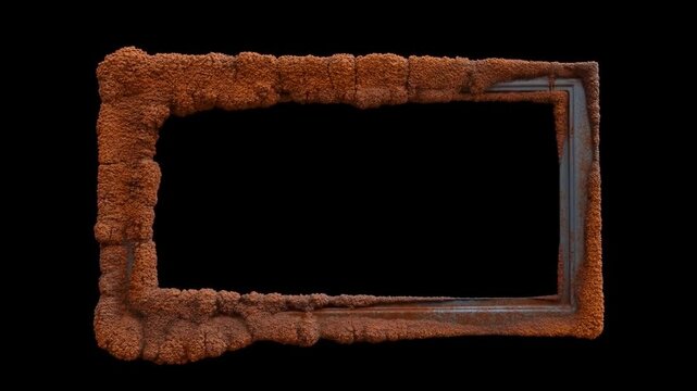Time lapse static closeup of rectangular metal border corroding with rust growth on black isolated background in studio