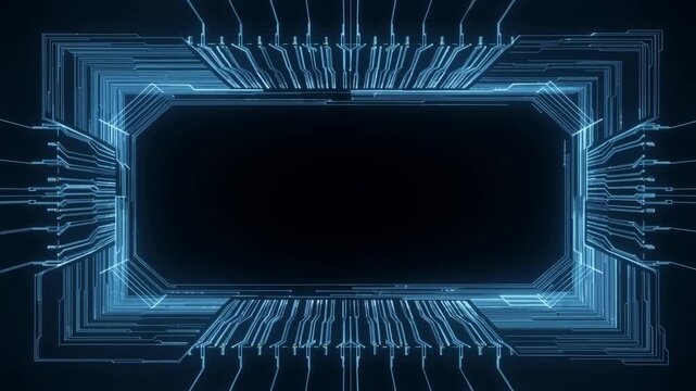 Slow motion tracking shot of glowing circuit lines converging into central rectangular digital portal on dark futuristic cyber background