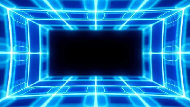 Dolly tracking shot of glowing digital tunnel panels moving forward through neon grid corridor into dark central void in futuristic virtual interior