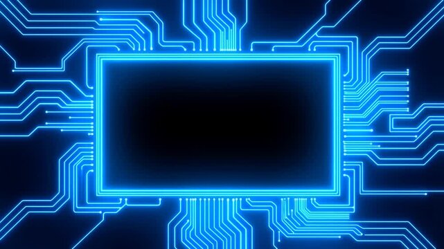 Slow motion close up of circuit board microchip lighting up with blue neon traces around central rectangular chip on dark background