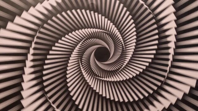 Abstract 3D rendering of a sepia-toned hypnotic spiral staircase rotating towards a central dark void, creating a seamless loop effect
