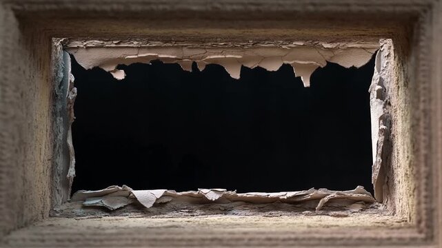 Static close up of peeling paint and cracked plaster around rectangular vent opening revealing dark void in abandoned interior room
