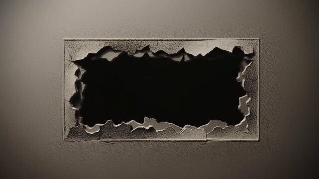 Slow dolly pan of torn rectangular hole in drywall revealing dark cavity in interior room with shadowed textured plaster wall