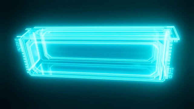 Tracking shot of holographic rectangular module rotating and revealing virtual battery device in dark studio space