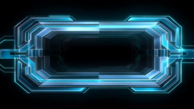Panning tracking shot of glowing geometric interface frames sliding horizontally across dark virtual background with neon cyan outlines and reflective metallic accents