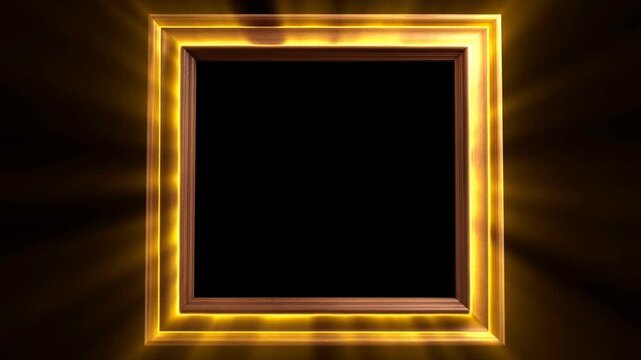 Slow zoom in tracking shot of ornate wooden frame pulsing with golden glow and subtle lateral shift on dark studio background with theatrical lighting