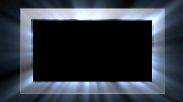 Slow zoom of illuminated metallic rectangular frame with expanding blue light rays on dark background