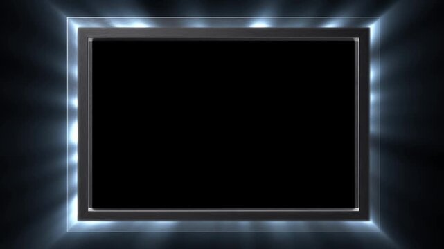 Tracking shot of illuminated metal border sliding across dark studio backdrop with glowing silver bezel and soft blue rim light, subtle reveal