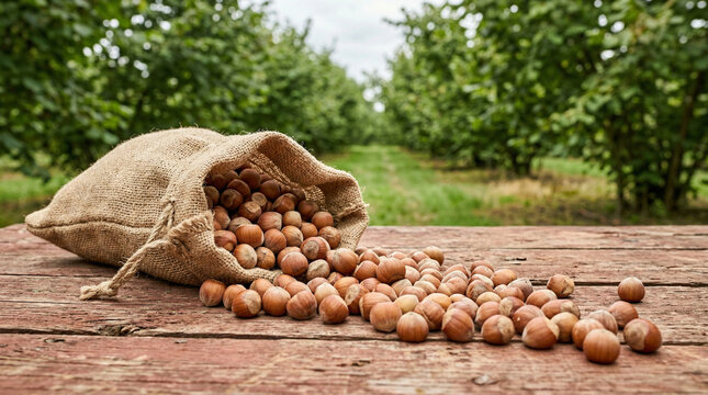 Raw hazelnuts spilling from burlap sack on wooden surface with orchard background &mdash; harvest, organic farming and natural food concept