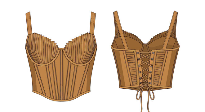 Elegant tan fashion corset design showcasing intricate front pleating and classic lace-up back detail. A sophisticated contemporary apparel item