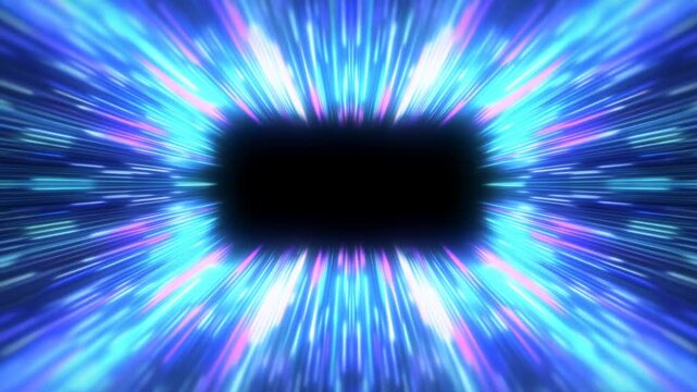 Tracking zoom of light tunnel portal with streaking neon particles radiating from central void in abstract digital space background
