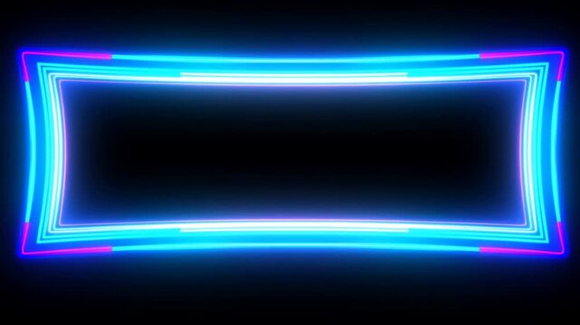 Panning shot of animated neon rectangle pulsing and shifting across black studio background with layered cyan and magenta glow and subtle horizontal drift