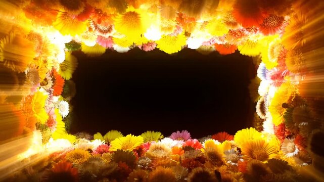 Zoom out tracking shot of floral frame revealing dark central void surrounded by illuminated yellow and orange blossoms in studio interior with light rays