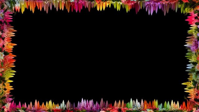 Panning shot of colorful flower border revealing black center opening on studio backdrop for decorative presentation