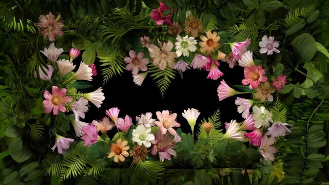 Panning shot of floral garland revealing shifting blossoms and ferns around black studio backdrop with soft pink and white petals in leafy decorative border