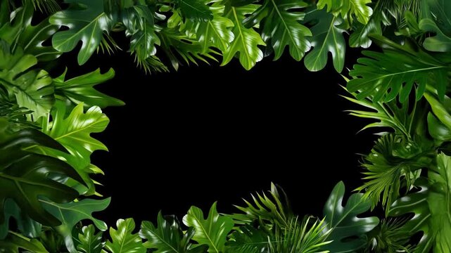 Slow pan tracking shot of tropical leaves framing and revealing empty black background across studio set with glossy green monstera palm philodendron foliage