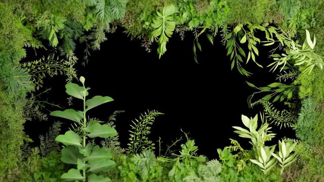 Panning shot of framed green plants slowly revealing leaves and vines against black studio backdrop with moss and fern border