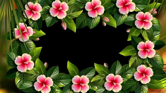 Horizontal panning shot of hibiscus floral frame sliding to reveal tropical leaves and pink flowers around black center on warm garden backdrop