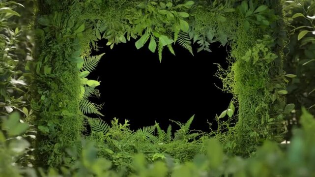 Slow tracking shot of moss covered frame revealing dark void through leafy opening in forest undergrowth with shallow depth of field and soft bokeh light