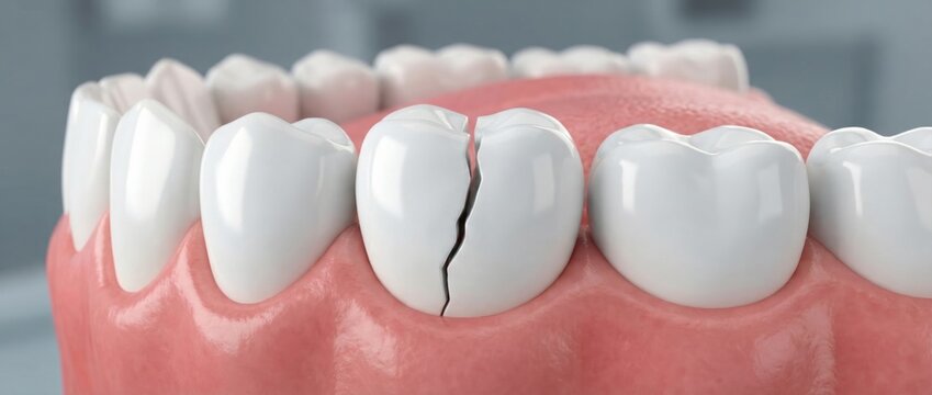  Cracked molar tooth in gums. Medically accurate 3D illustration of a split tooth, dental damage and oral health problem concept.