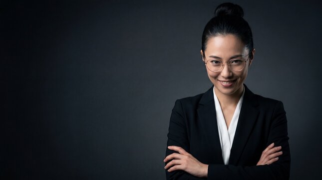 悪だくみの表情で微笑む日本人女性社員。オフィスの人間関係トラブルや策略をイメージしたドラマチックな写真