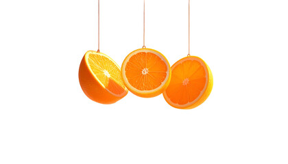 Hanging orange fruit halves in a row against dark background; vitamin C concept