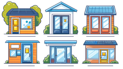Obraz premium Six cartoon buildings with different designs, each with doors, windows, and greenery