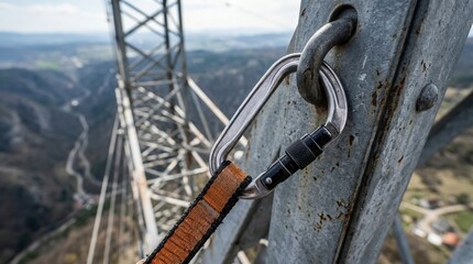 Naklejka premium Safety Hook Attached to Metal Structure on Power Line