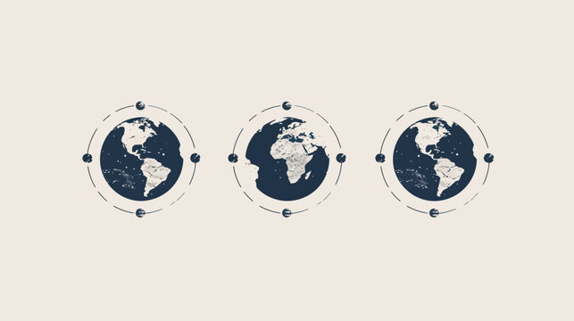 Three stylized, aged globes with surrounding circles on a light background