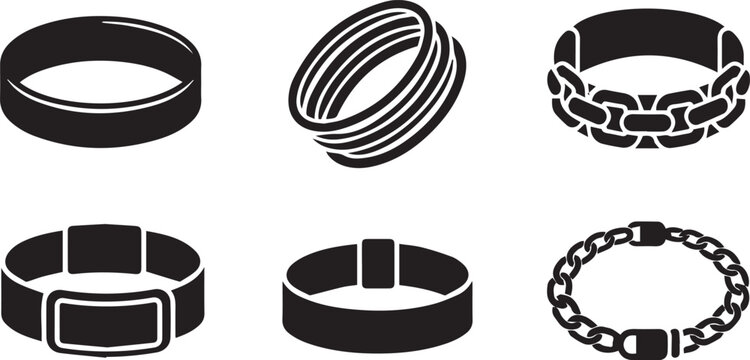 Bracelet and Wristband Silhouette Icon Set: Chain, Bangle, and Fashion Jewelry Accessories