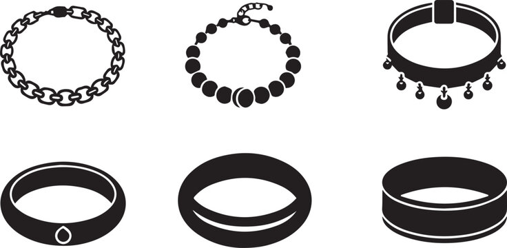 Black Jewelry Icons Set: Bracelet, Bangle, and Chain Vector Silhouette