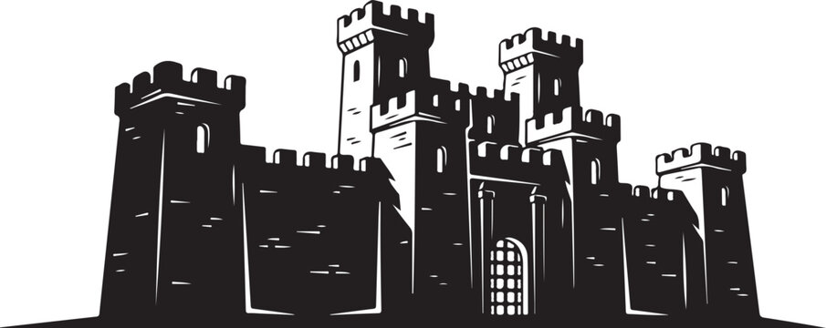 Black castle, medieval fortress, silhouette illustration, vector graphic