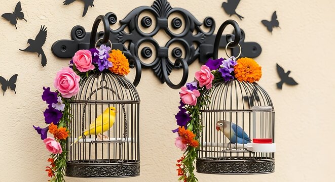Two decorative birdcages featuring a vibrant yellow canary and a colorful blue lovebird inside illustration