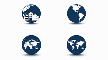 Obraz premium Four globe graphics, each in a dark blue sphere, displaying different white-outlined world map representations