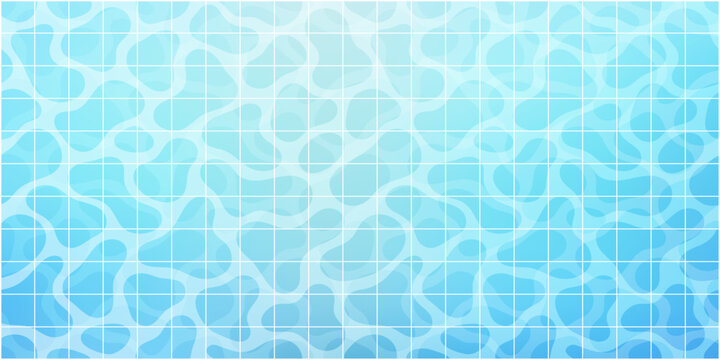 Blue pool tile mosaic pattern with water caustics light and square grid background