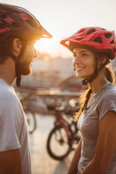 Cardio sports cycling biking exercise training, healthy lifestyle. A man and woman wearing helmets standing next to each other on a bike path at sunset.