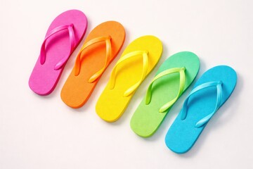 Fototapeta premium Vibrant flip-flops in a rainbow of colors arranged diagonally on a clean white background