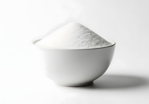 Bowl of white sugar on white background