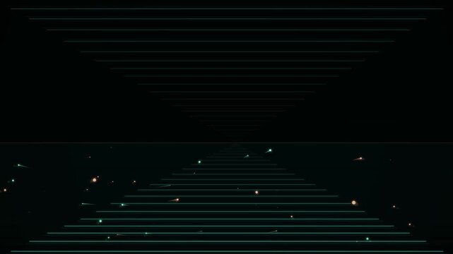 Abstract dark neon landscape with geometric horizontal lines creating a futuristic grid pattern in a seamless video clip; retro synthwave design