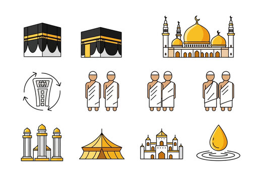 Hajj and Umrah Islamic Pilgrimage Icon Set Featuring Kaaba, Mosque, Pilgrims in Ihram, and Zamzam Water Symbols