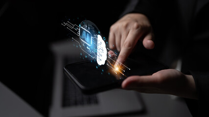 Concept of artificial intelligence and machine learning. A central processor transfers information...