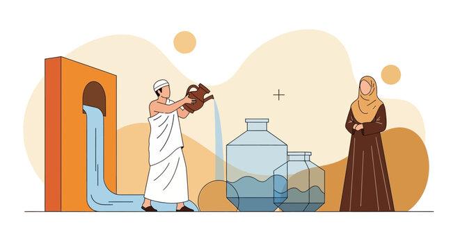 Muslim Man in Ihram Pouring Holy Zamzam Water into Bottles, Islamic Pilgrimage Concept Illustration for Hajj and Umrah