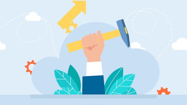 Man waving his arm. Hand Holding Hammer for Woodworker Construction. Businessman Arm Raised Up With Hand Holding Sledge Hammer Tool For Forging Steel Construction, Rock Demolition. 2d flat animation