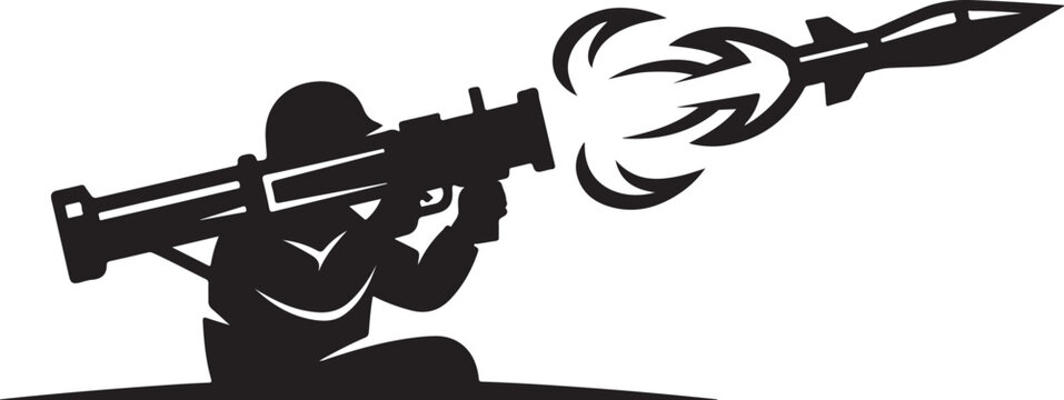 Silhouette of soldier firing bazooka rocket launcher, black vector icon, military symbol, warfare illustration
