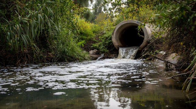 Polluted water flowing from drainage pipe into natural stream representing environmental pollution, wastewater discharge, ecological damage, water contamination and sustainability crisis concept