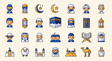 Obraz premium Islamic Ramadan and Eid Icon Set with Muslim Avatars, Kaaba, Mosque, and Religious Symbols
